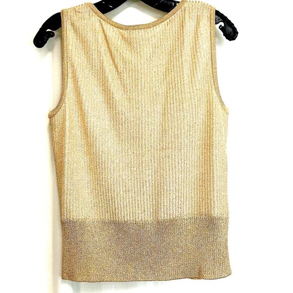 St. John SoCa Rib Knit Rayon Wool Metalized Gold Cardigan Tank Sweater Set Sz M - Picture 7 of 13